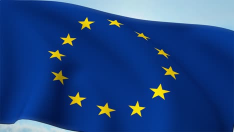 Nahaufnahme-Der-Euro-Europa-Flagge,-Die-Gegen-Den-Blauen-Himmel-Weht,-Eurozone,-EU,-Europäische-Union,-4K